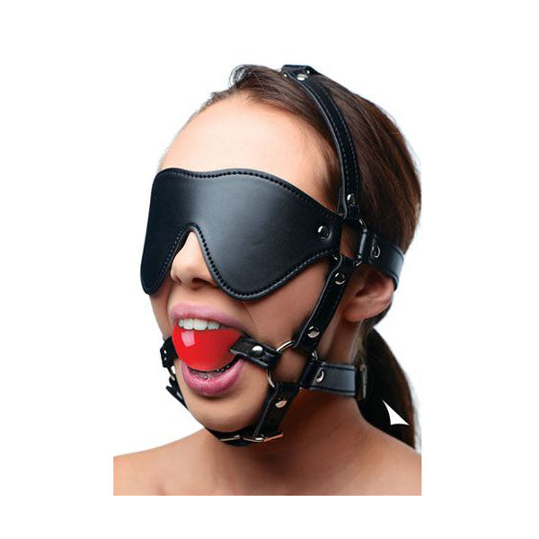 Strict Blindfold Harness With Ball Gag Black Red Restraints