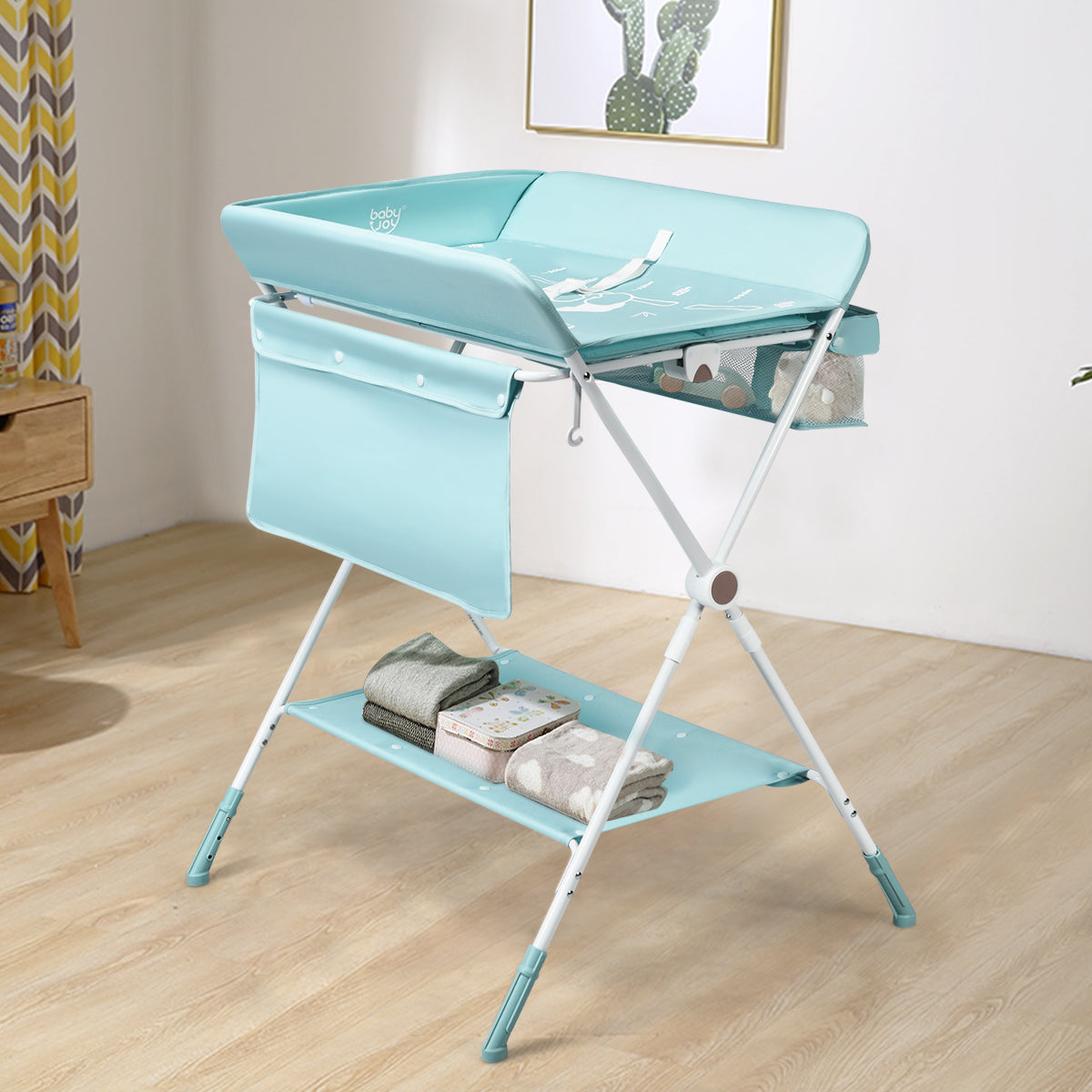 Portable Multi purpose Diaper Station with Storage Rack and Adjustable Heights for Kids Blue