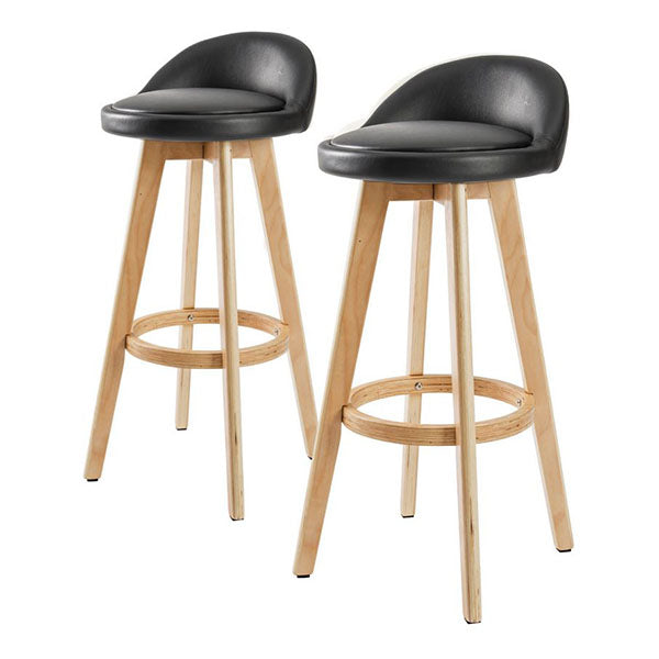 2X 72Cm Oak Wood Bar Stool Leather Leila Black