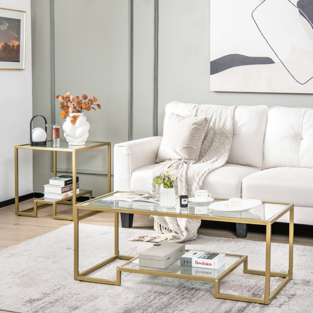 Modern 2 Tier Coffee Table with Golden Metal Frame for Living Room