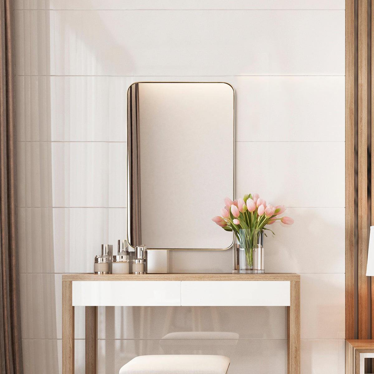 Bathroom Wall Mirror with Rounded Corner for Washroom Golden