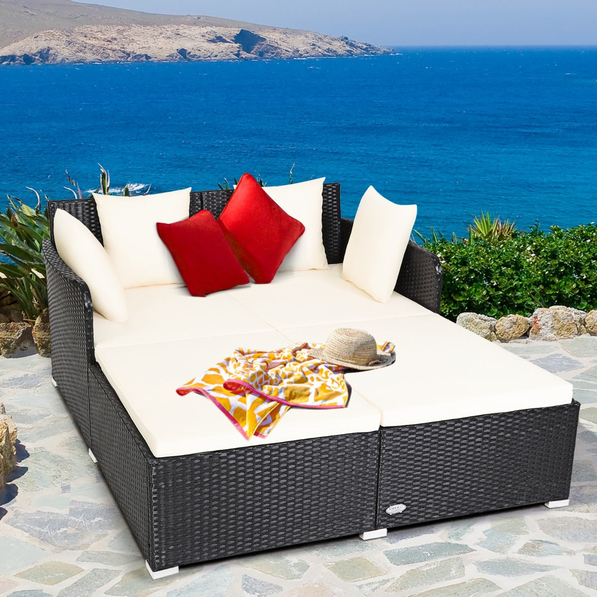 Rattan Daybed with Spacious Seat and Extra Pillows for Courtyard White