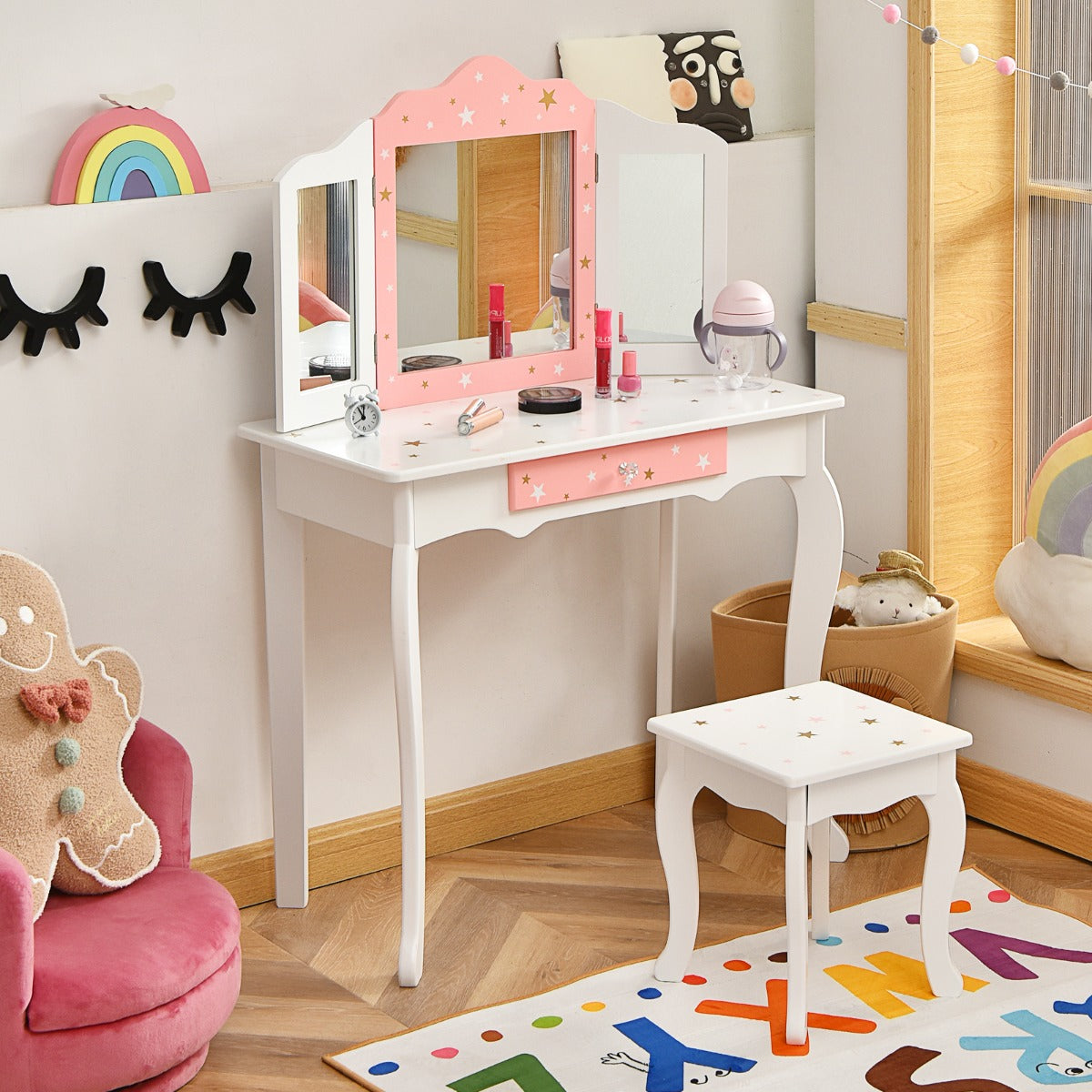 Kids Makeup Table Chair Set with Tri folding Mirror for Bedroom