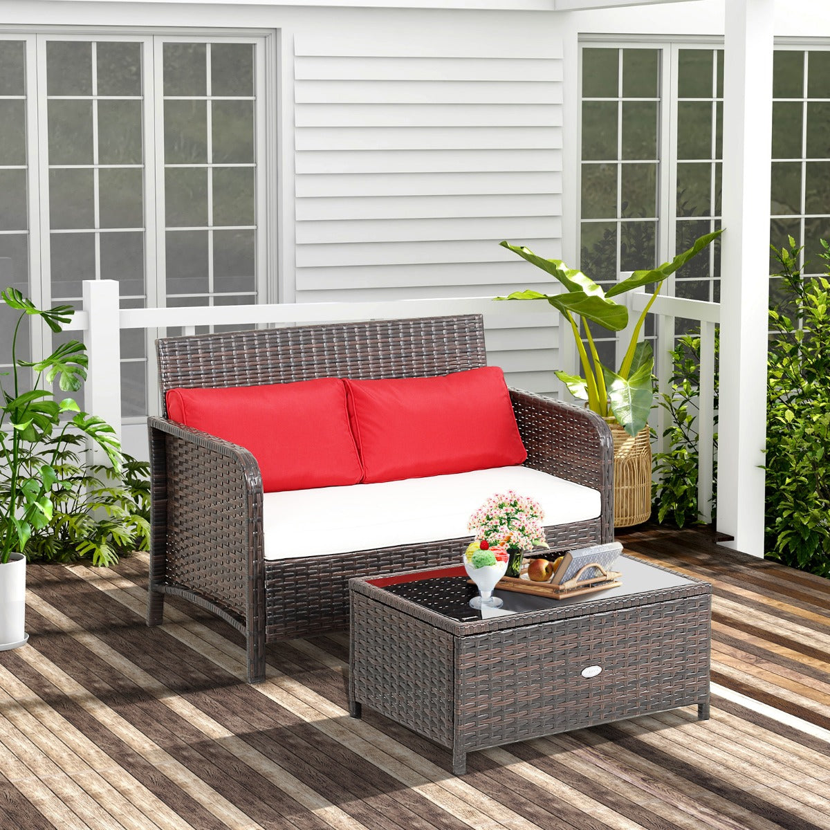 2 Piece Outdoor Patio Wicker Furniture Set with Cushions