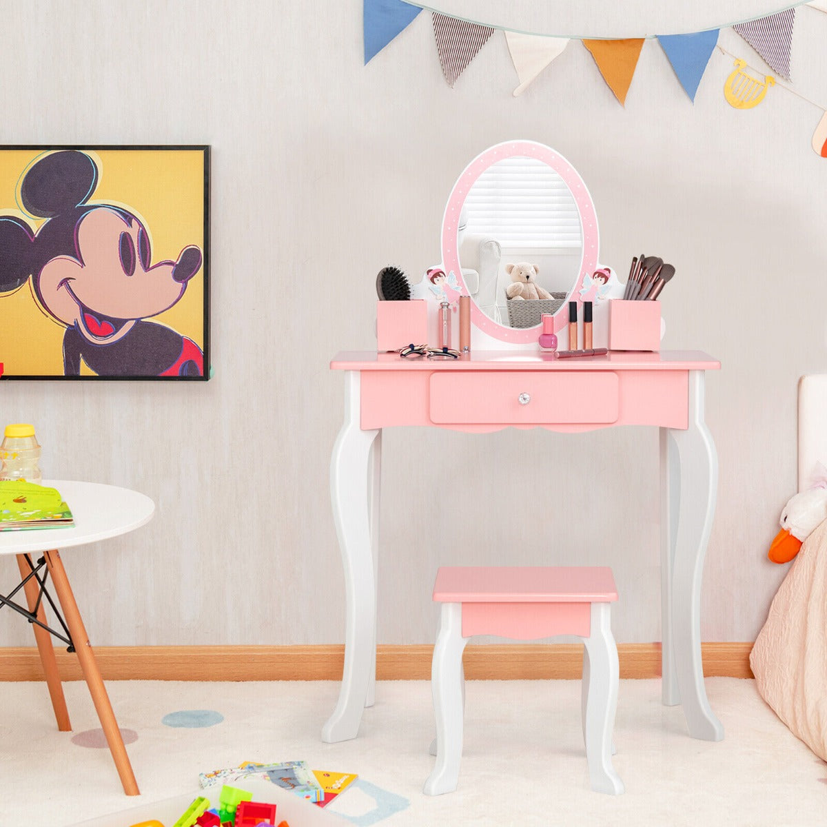 2in1 Kids Vanity Table and Stool Set with Mirror Pink