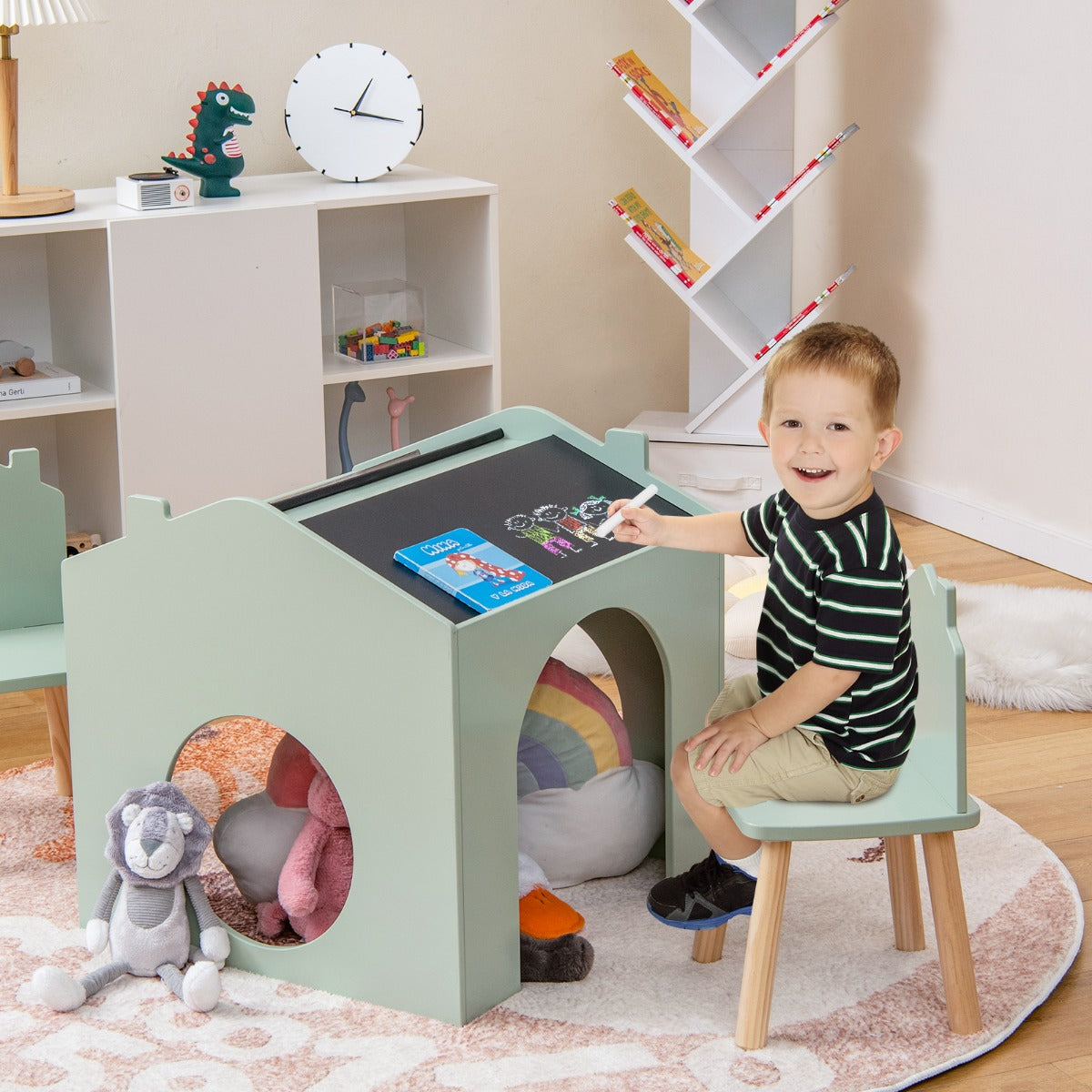 3 Pieces Kids Wooden Table and Chair Set with Chalkboards for Toddlers Green