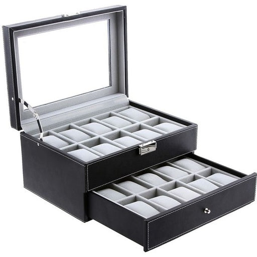 20Slot Watch Box with Glass Lid 2 Layers Black Synthetic Leather Gray Lining