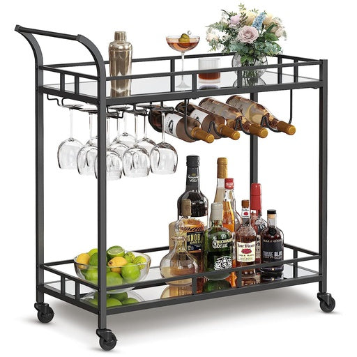 Bar Serving Wine Cart With Wheels And Wine Bottle Holders Black