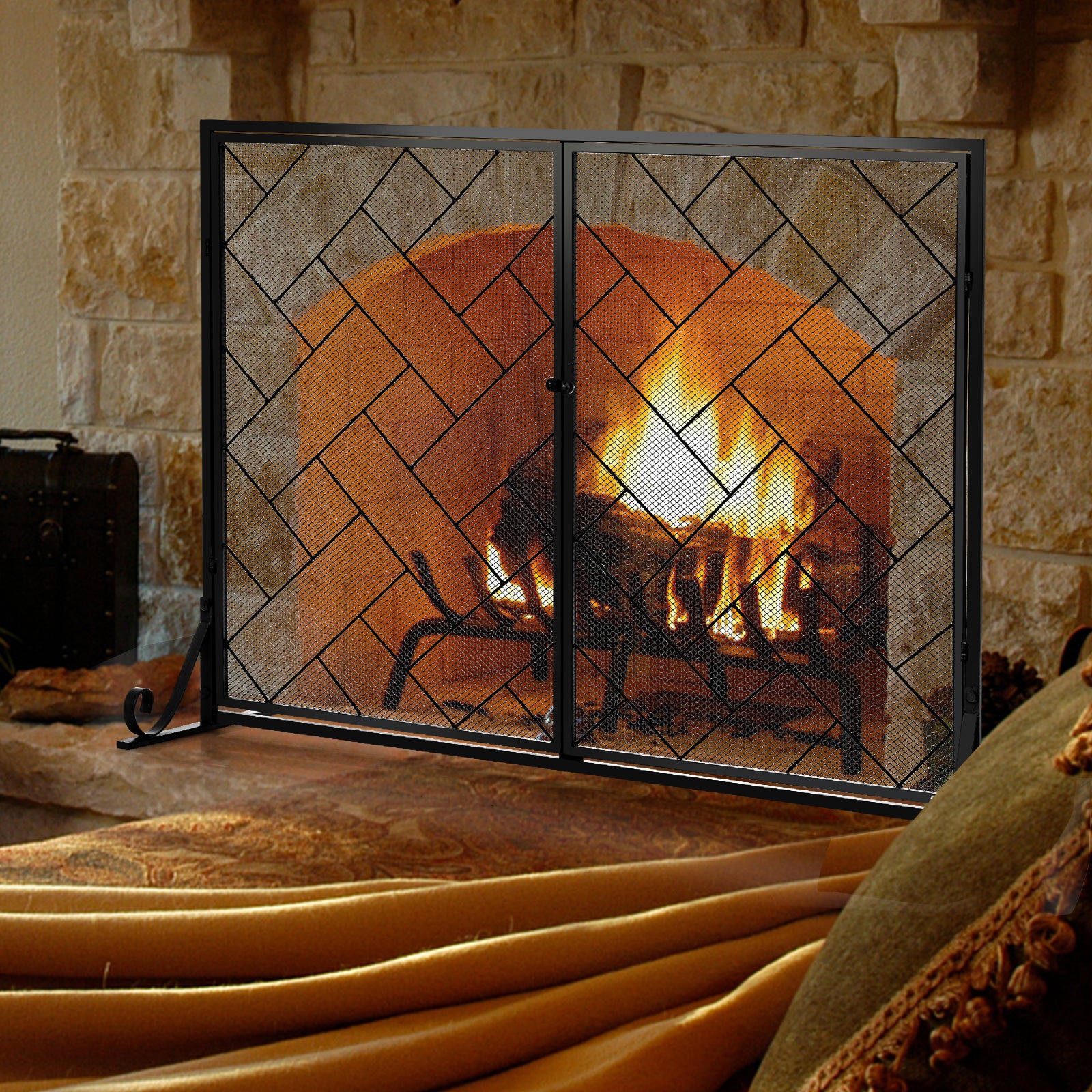 2 Panel Fireplace Screen with Double Door Black