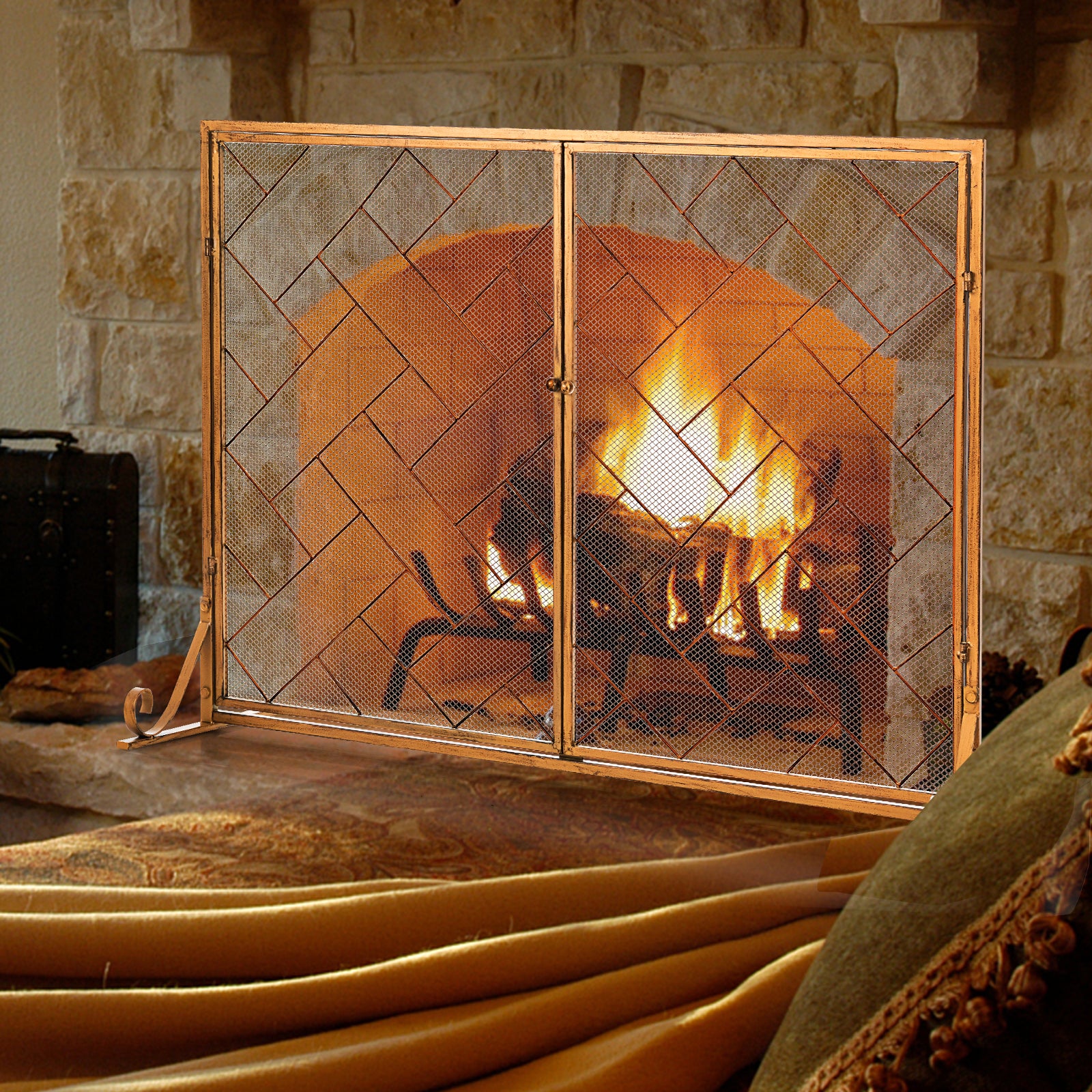 2 Panel Fireplace Screen with Double Door Golden