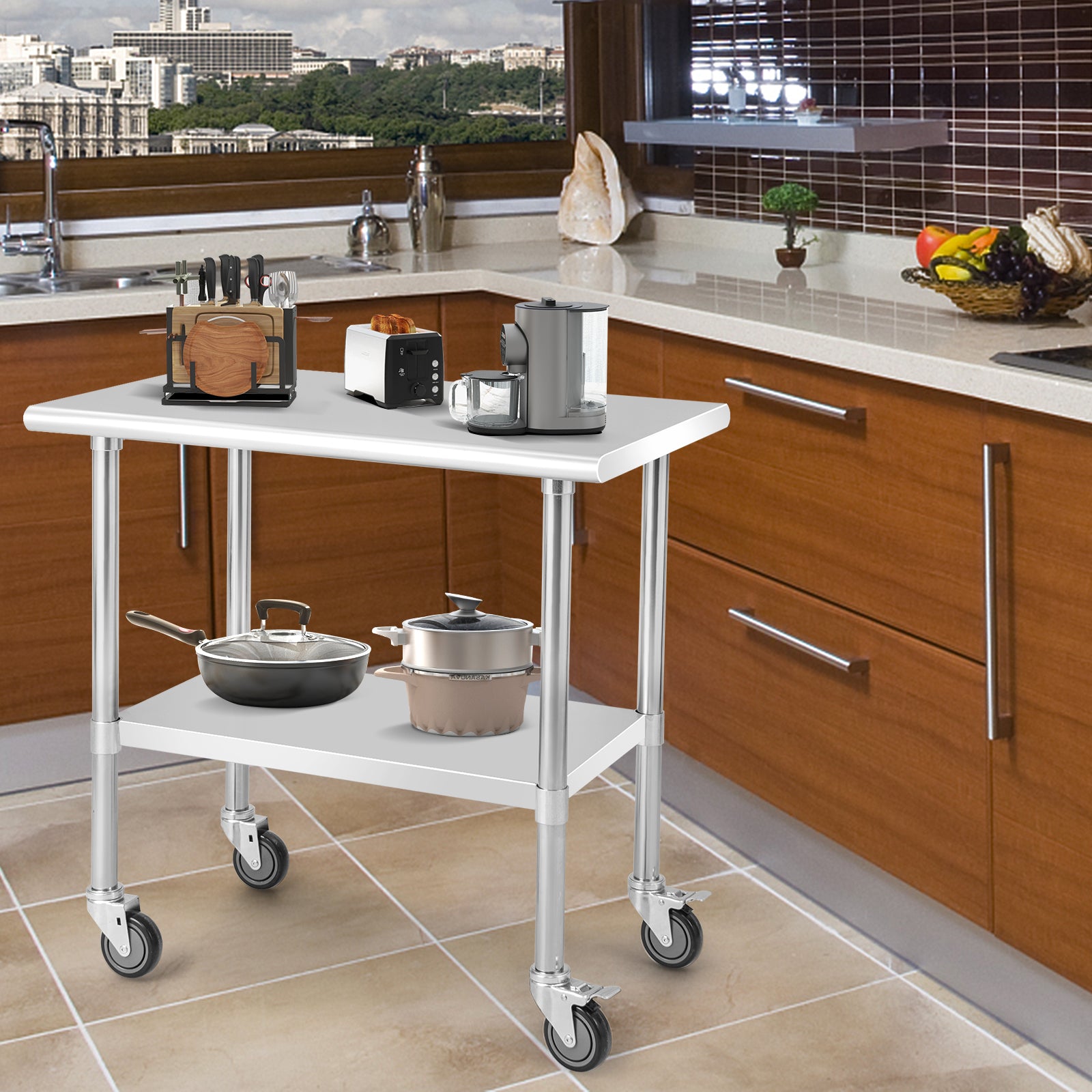 Stainless Steel Table Cart with 4 Universal Wheels for Kitchen 915 mm W