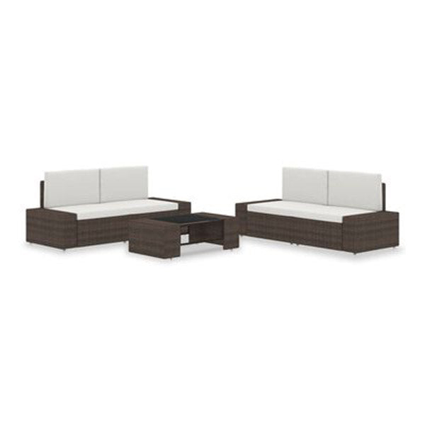 5 Piece Garden Lounge Set With Cream White Cushions Poly Rattan Brown