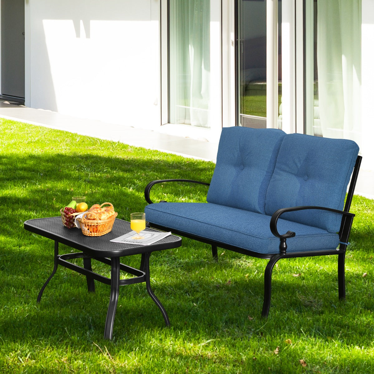 2 Pieces Outdoor Conversation Set with Ergonomic Backrest Armrest for Balcony Poolside Blue