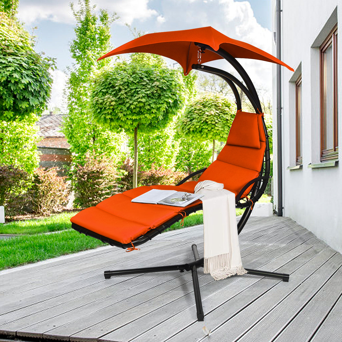 Hanging Lounger Chair with Canopy and Cushion Built in Pillow Orange
