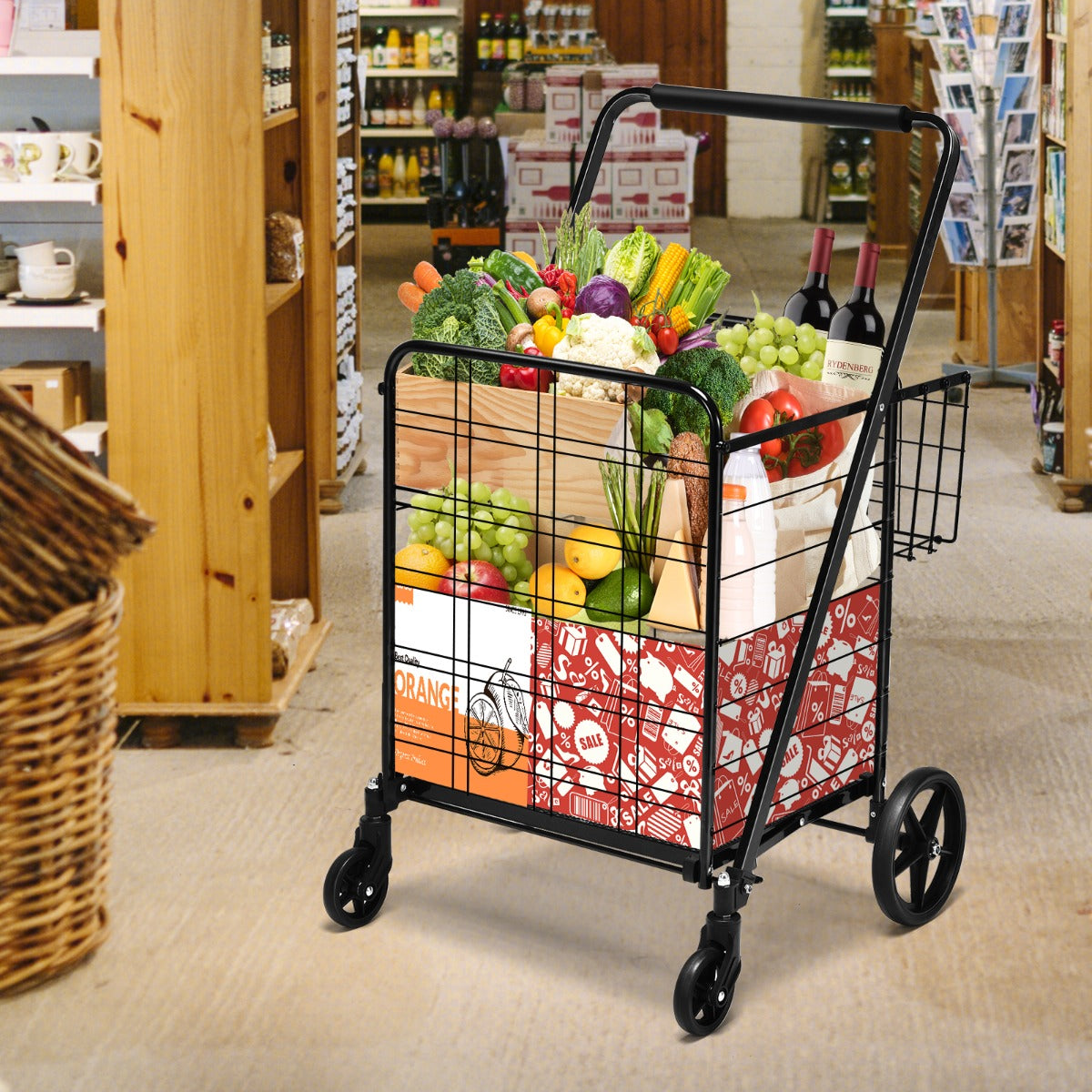 Extra Jumbo Double Basket Cart with 360degree Swivel Rolling Bearing Wheels for Kitchen Grocery Black