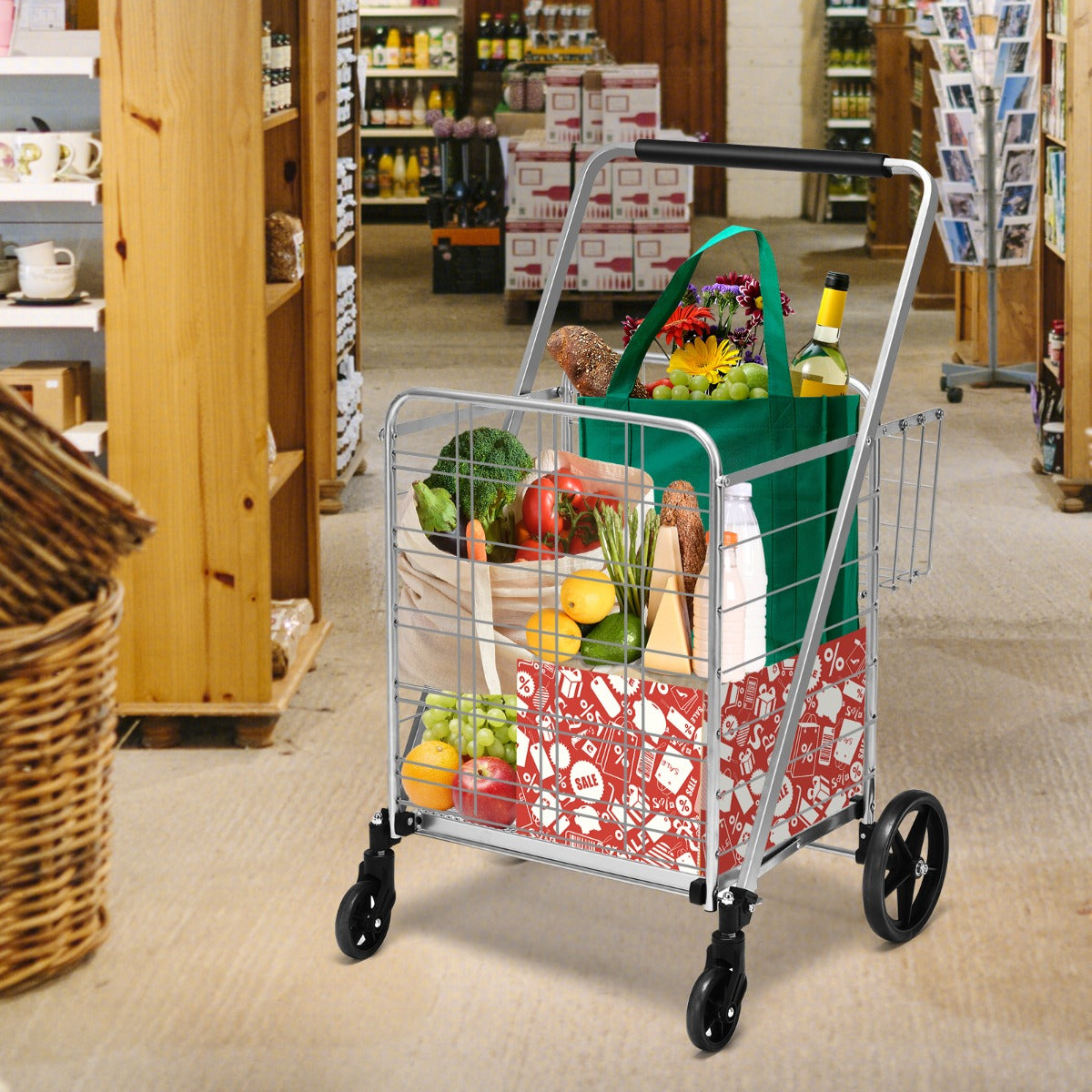 Extra Jumbo Double Basket Cart with 360degree Swivel Rolling Bearing Wheels for Kitchen Grocery Silver