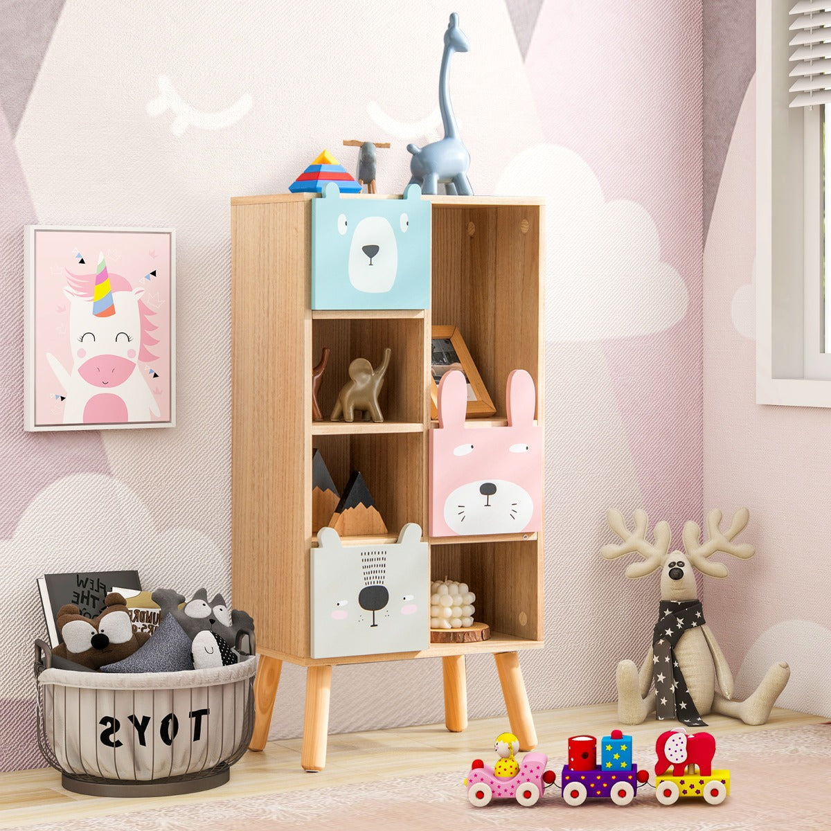 Kids Storage Cabinet with 4 Cubbies 3 Drawers for Books Toys