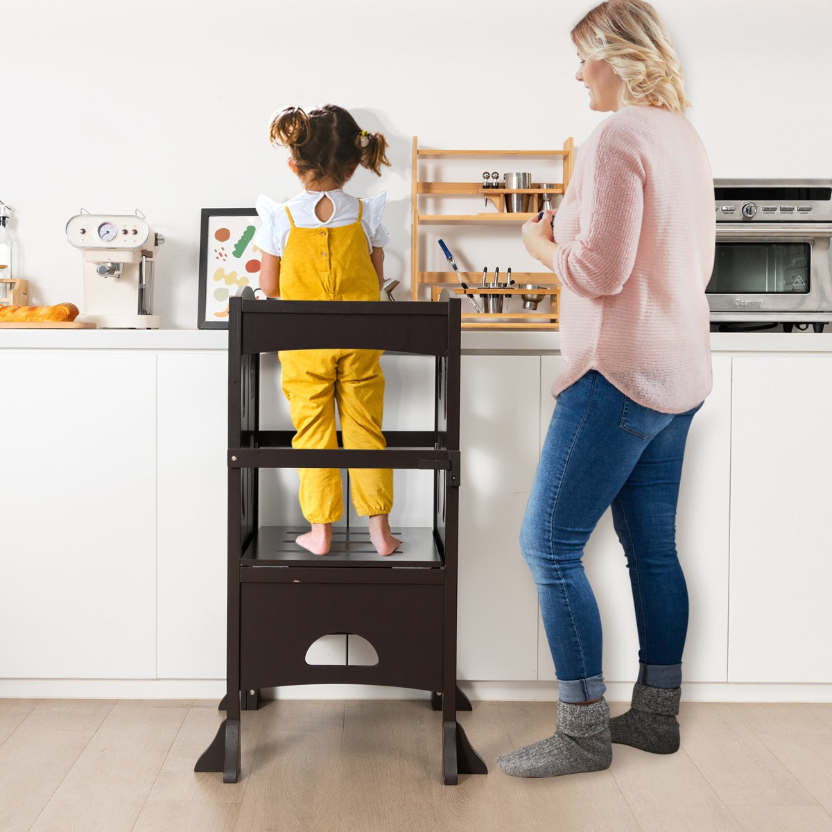Folding Kids Kitchen Step Stool with 2 Level Adjustable Height for Kitchen Coffee