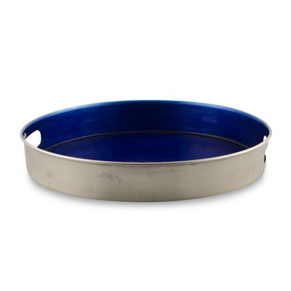 Round Tray 42Cm With Side Handles Iron And Enamel Blue And Silver