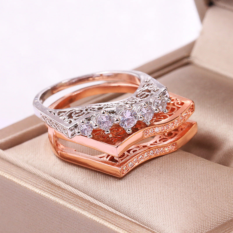 Rose Gold-Plated 2 Piece Set Combine Fancy Fashion Ring