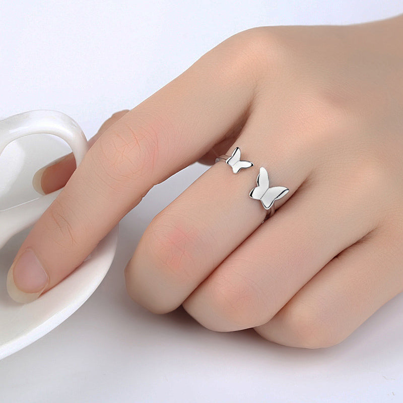 Polished Silver Double Butterfly Open End Fashion Ring