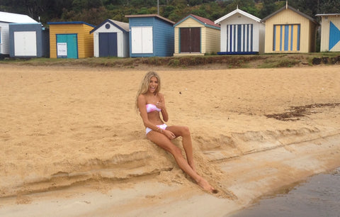 Talia behind the scenes at Ete Swimwear launch photo shoot