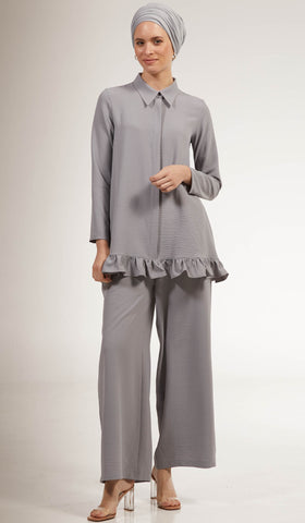 Inaya Flowy Long Modest Buttondown Shirt - Gray Pearl