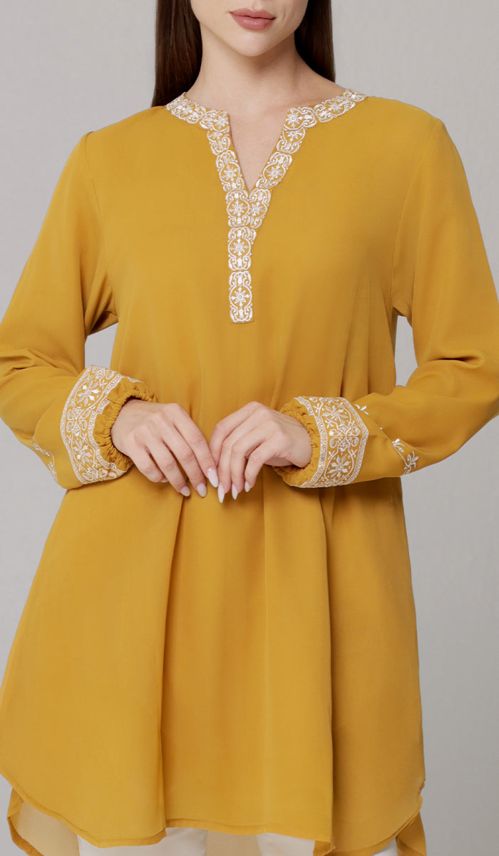 Product image for Amalie Embroidered Long Modest Tunic - Saffron