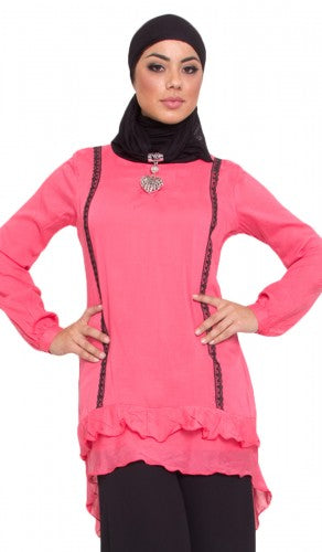Womens Dahlia Ruffled Islamic Long Tunic with Hi-Low Hem