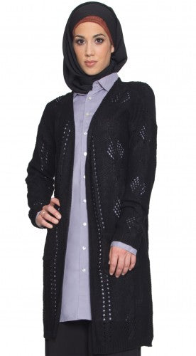 Long Black Open Front Crochet Cardigan Sweater
