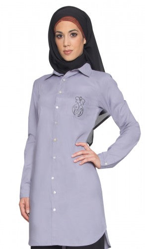 Slate Gray Embroidered Long Buttondown Dress Shirt