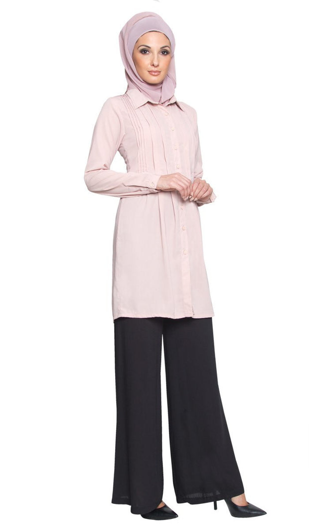 Aubrie Long Buttondown Modest Tunic Dress - Dusty Pink - ARTIZARA.COM