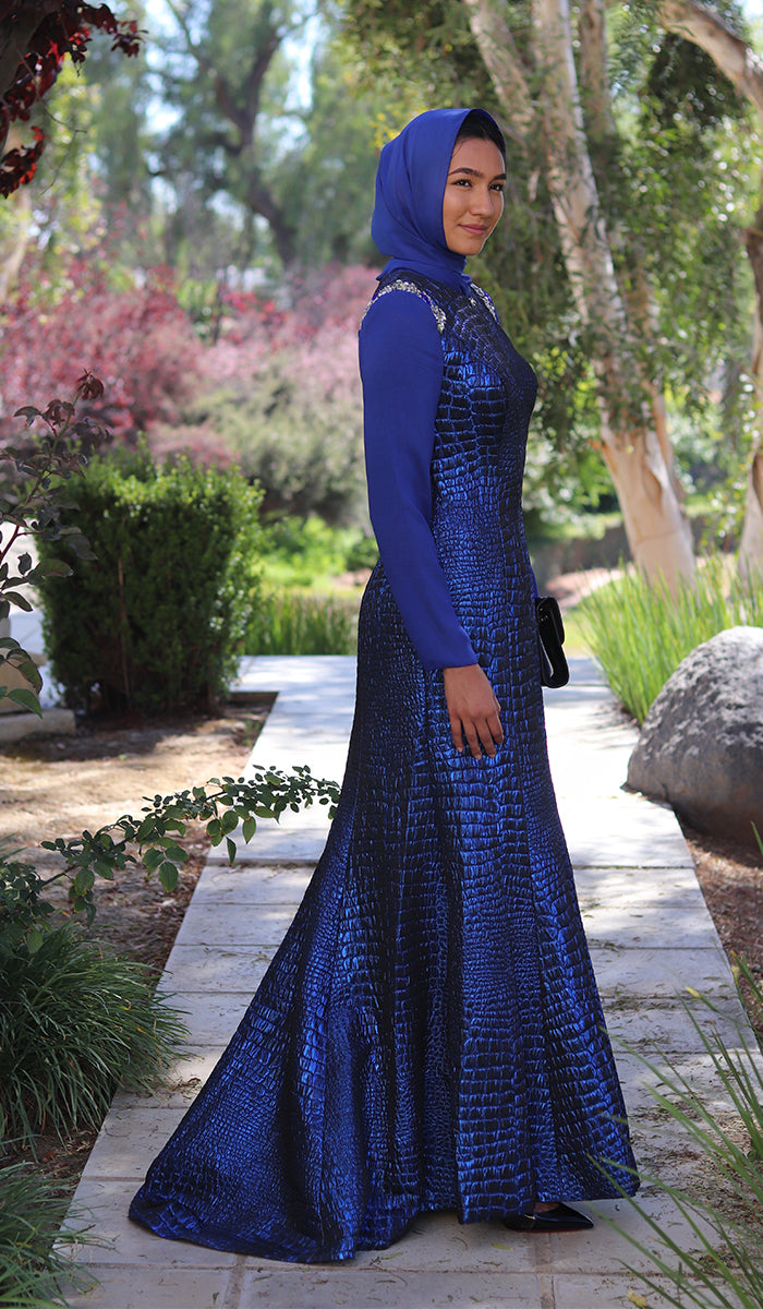 Royal Blue Long Sleeve Modest Formal Muslim  Evening Dress 