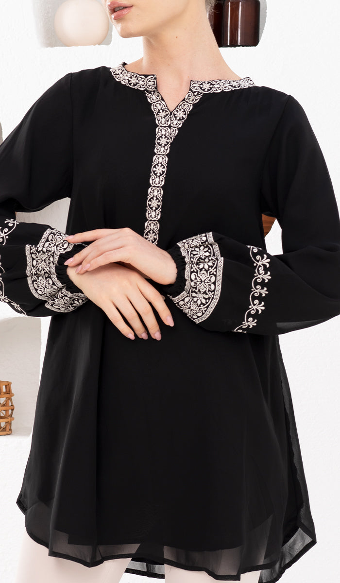 Amalie Embroidered Long Modest Tunic - Black - ARTIZARA.COM product image