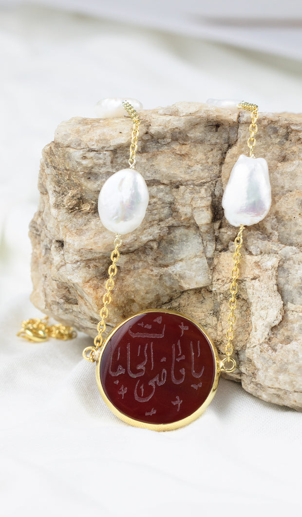 Gold plated Sterling Silver Hand Engraved Aqeeq and White Pearl Necklace