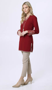 Ines Gold & Silver Embroidered Long Modest Tunic - Scarlet