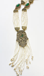 Long Turkish Artisan Khamsa Necklace - White