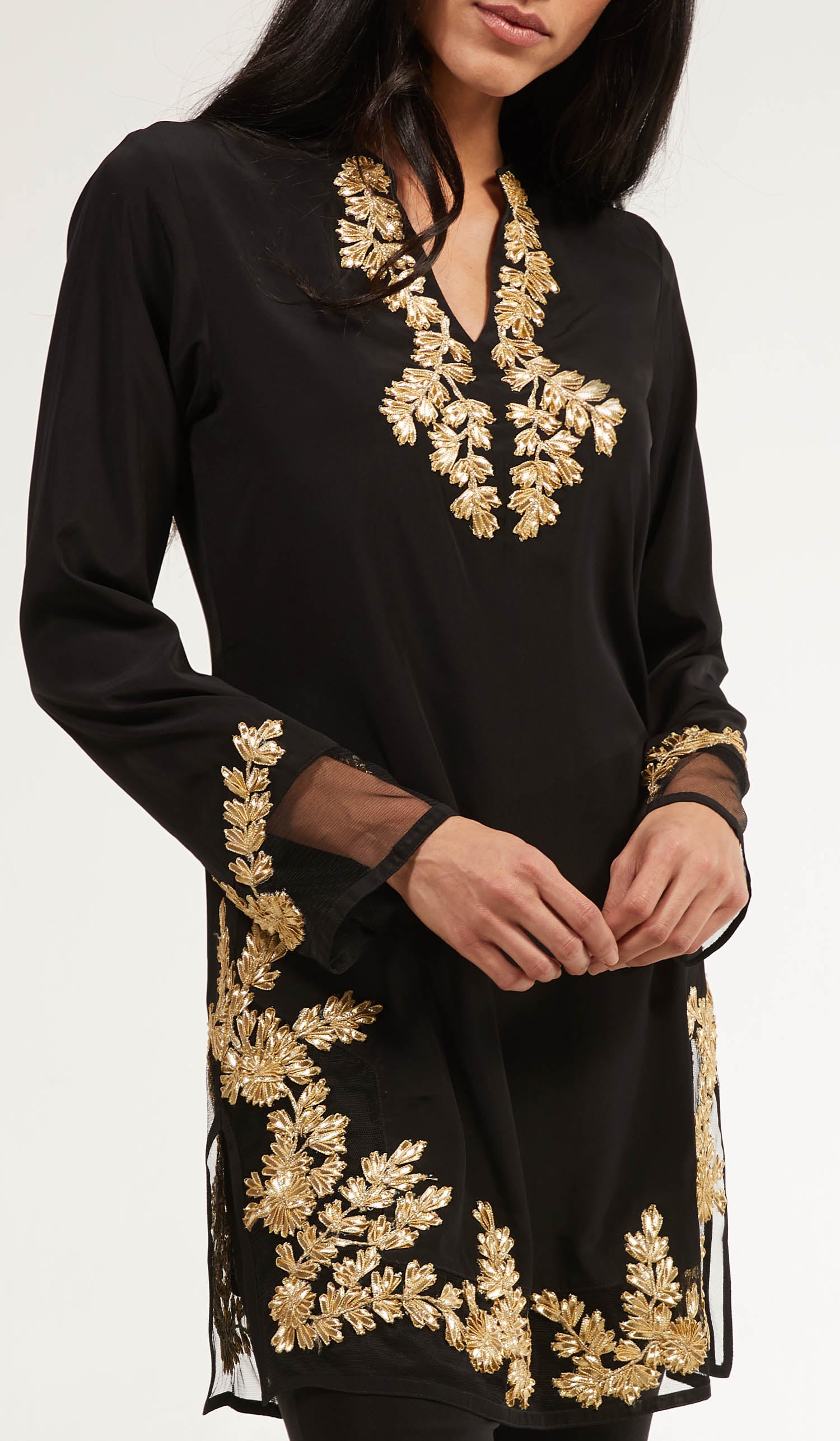 Mahnaz Gold Embellished Long Modest Tunic - Black - ARTIZARA.COM product image