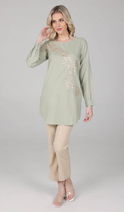 Mey Gold Embellished Long Modest Tunic - Tea Green - PREORDER (ships in 2 weeks)