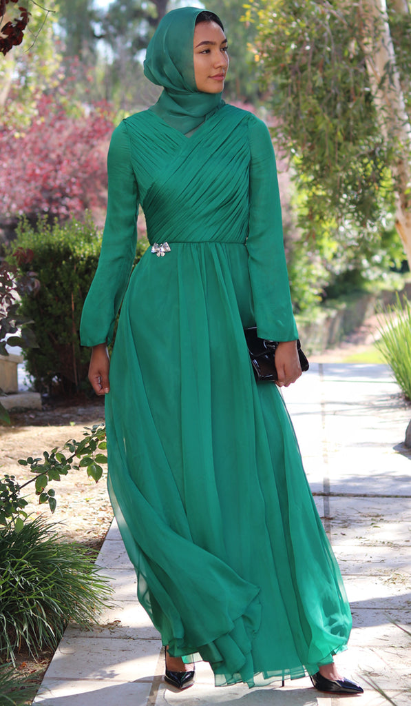 green silk formal dress