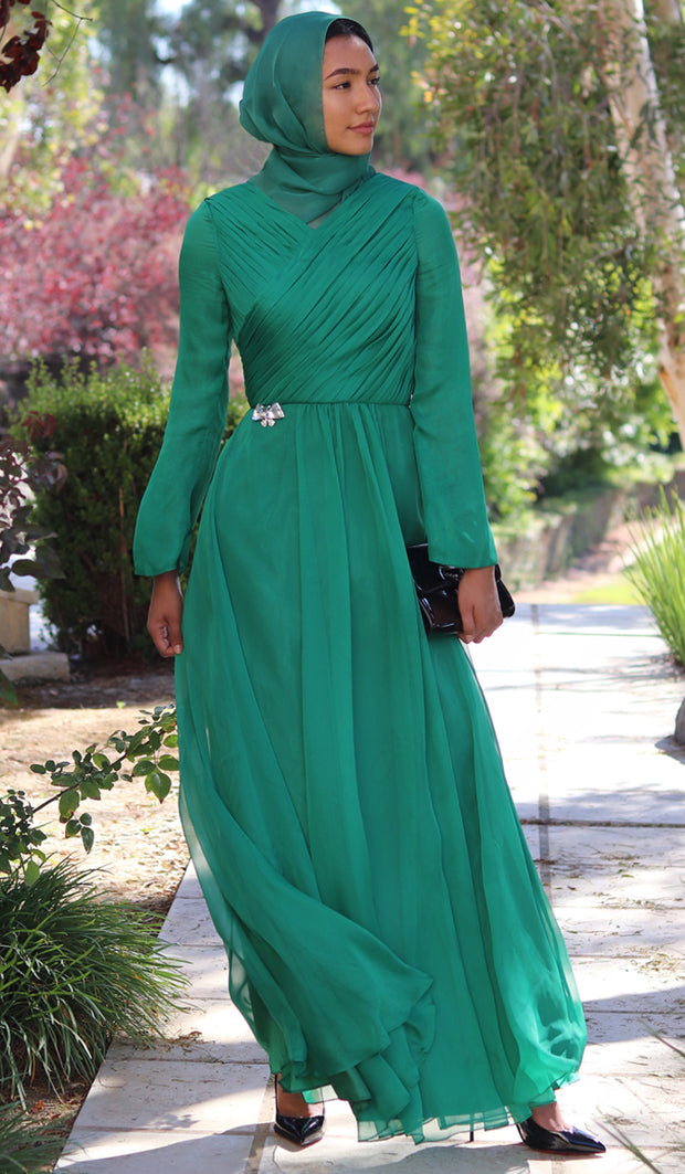 green silk evening dress