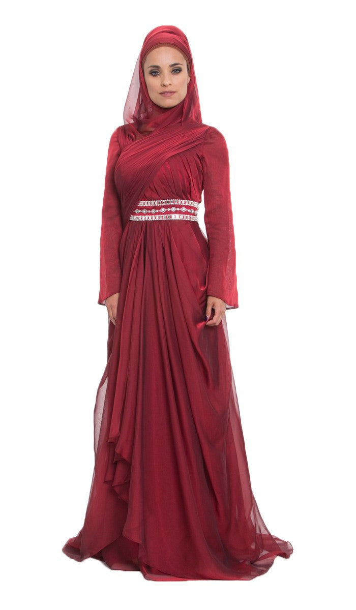 Long Sleeve Maroon Red Silk Modest Muslim Formal Evening Dress Artizara Artizara