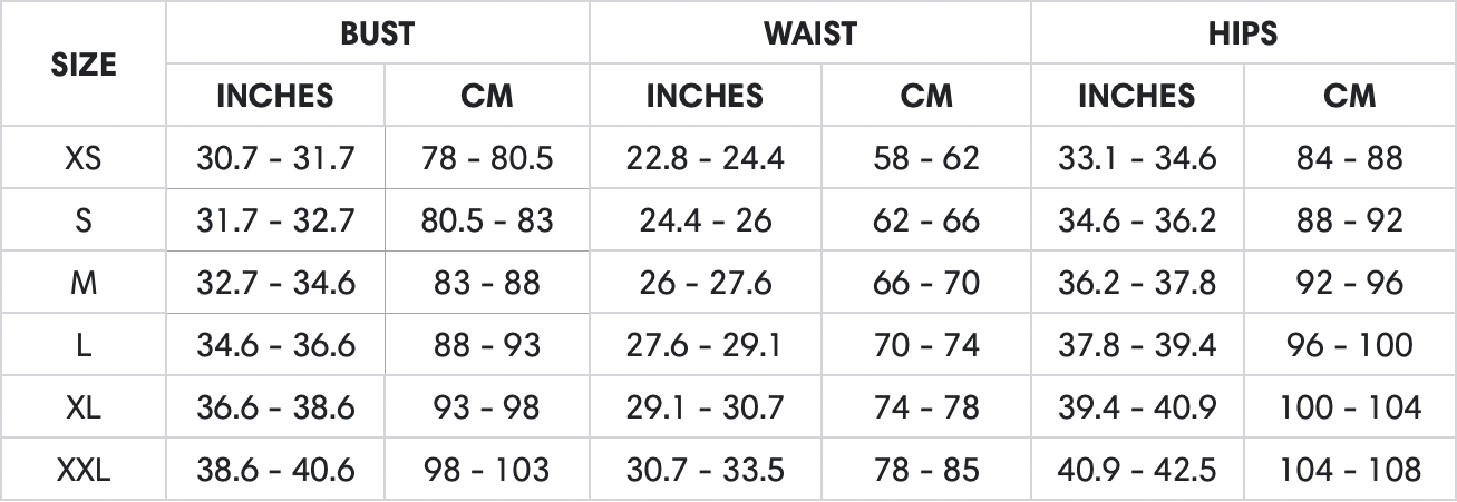 Swimwear Measurement Chart