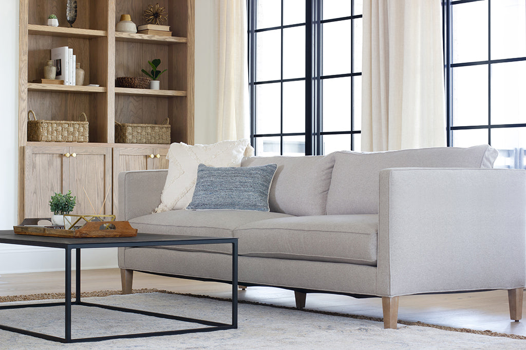 The Crosby 90” Sofa in Dusk Merino and Driftwood finish