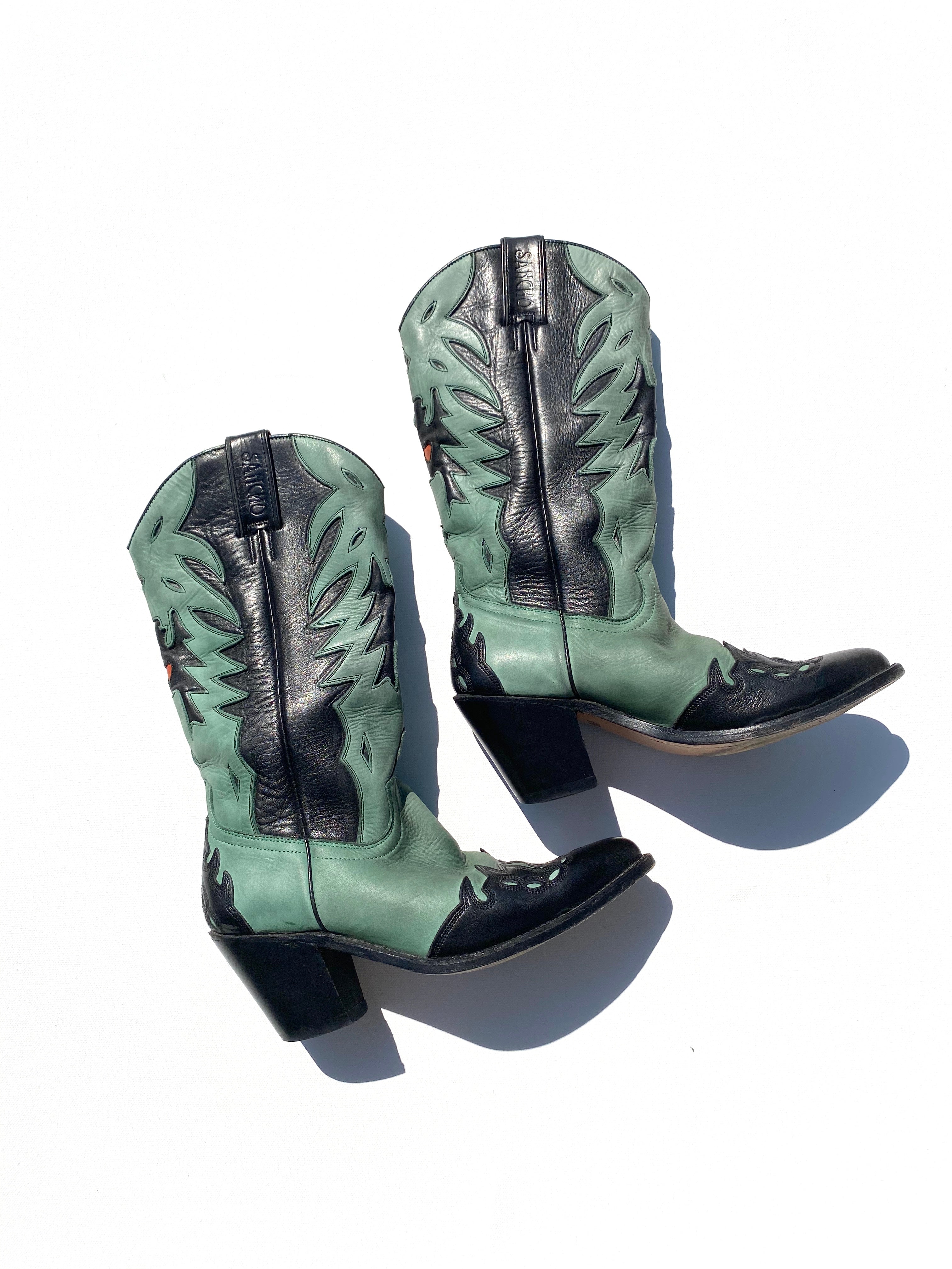 Vintage Western Boots - Green & Black