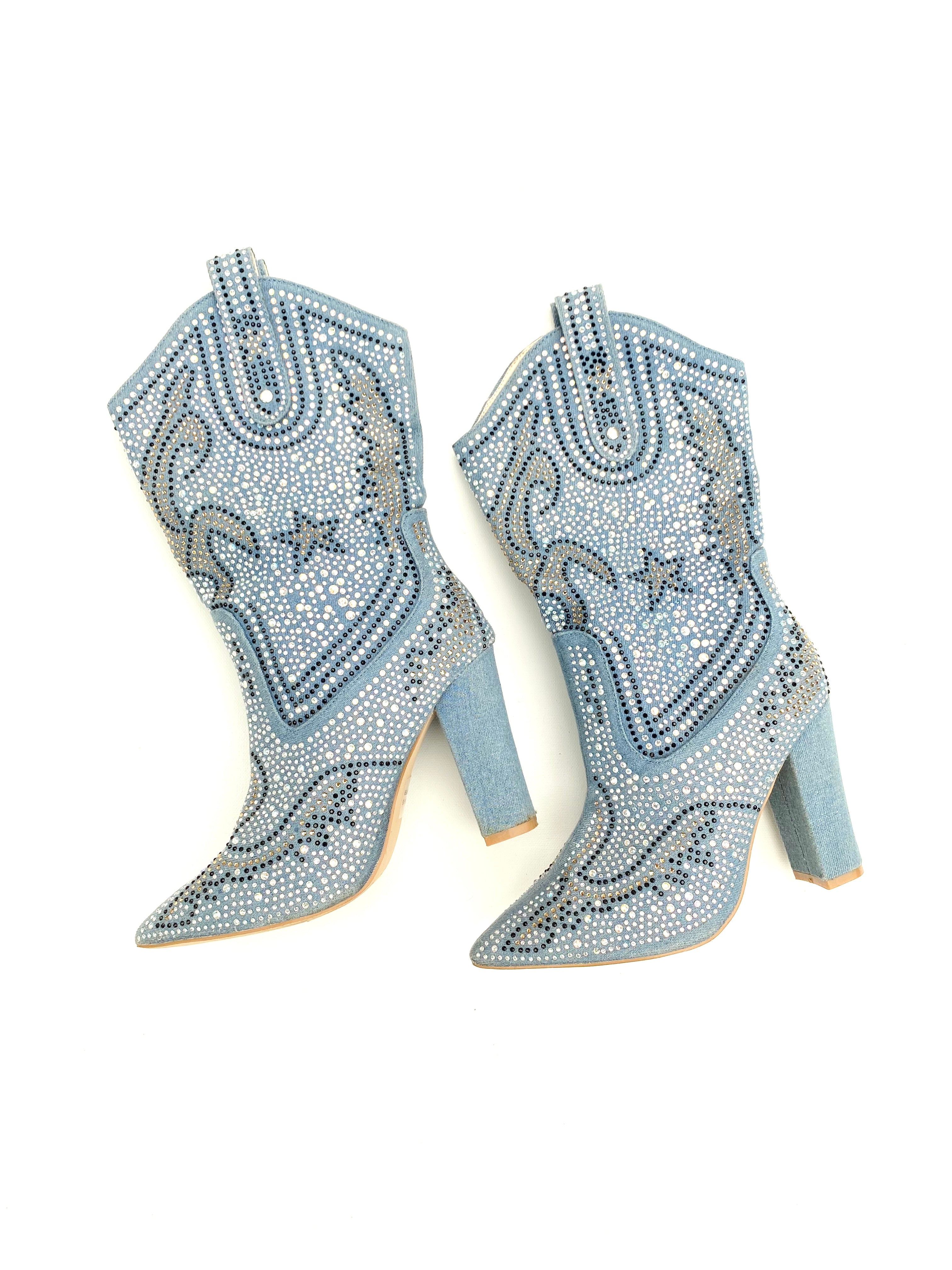 Vintage Western Boots - Bedazzled Blue