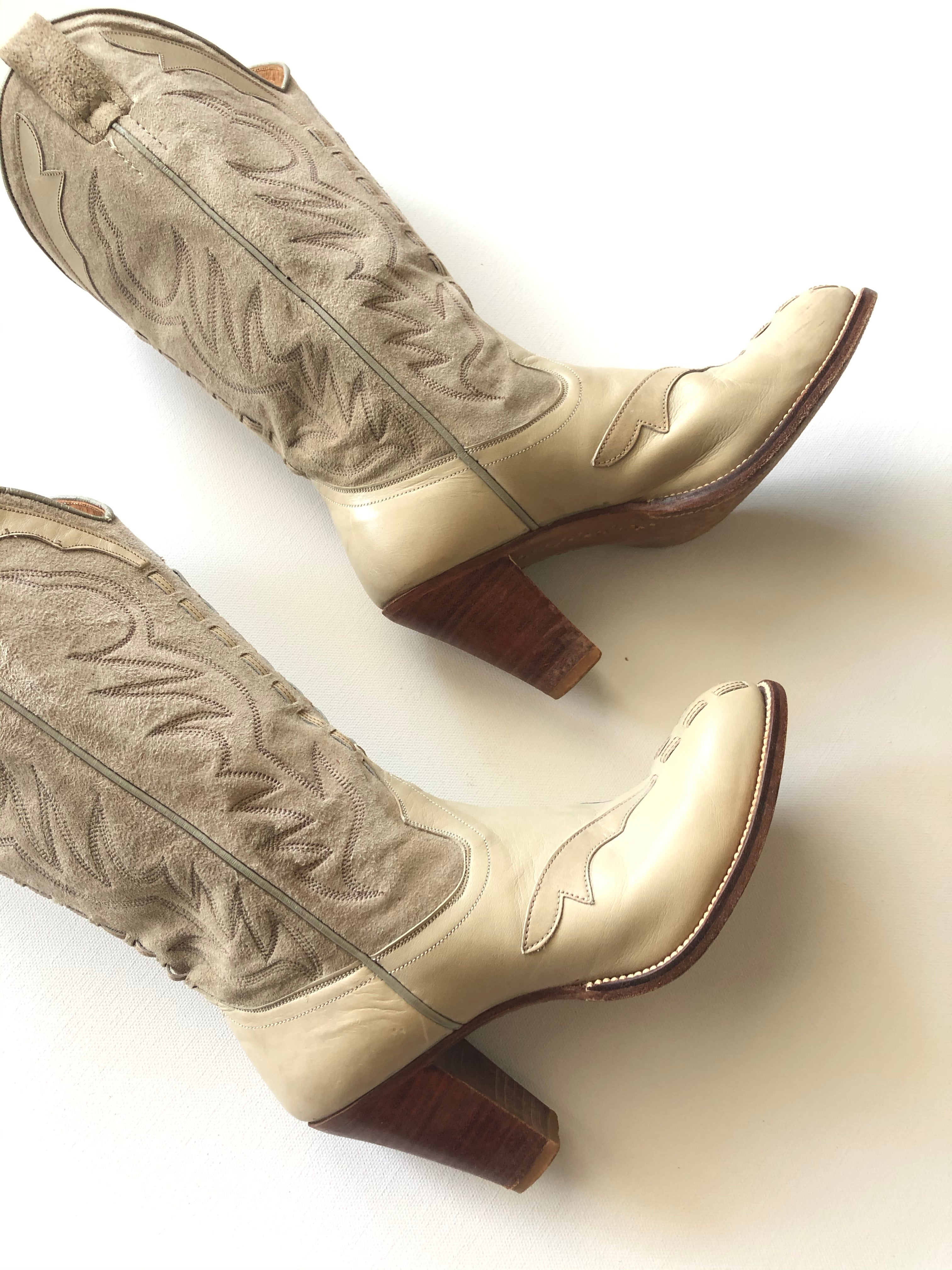 Vintage Western Boots - Suede Cream