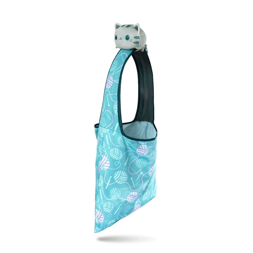 Plushie Tote Bag: Light Blue Knitting Tote Bag w/ Light Gray Cat Plushie
