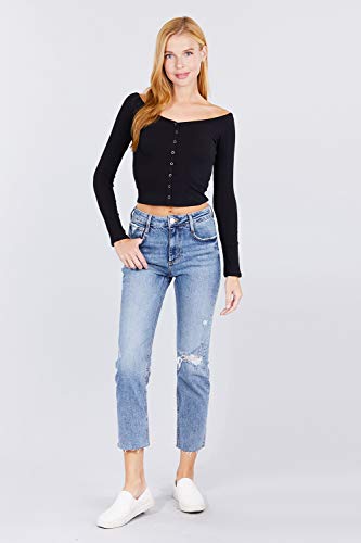 Women's Long Sleeve Off Shoulder Crop Top With Snap Button