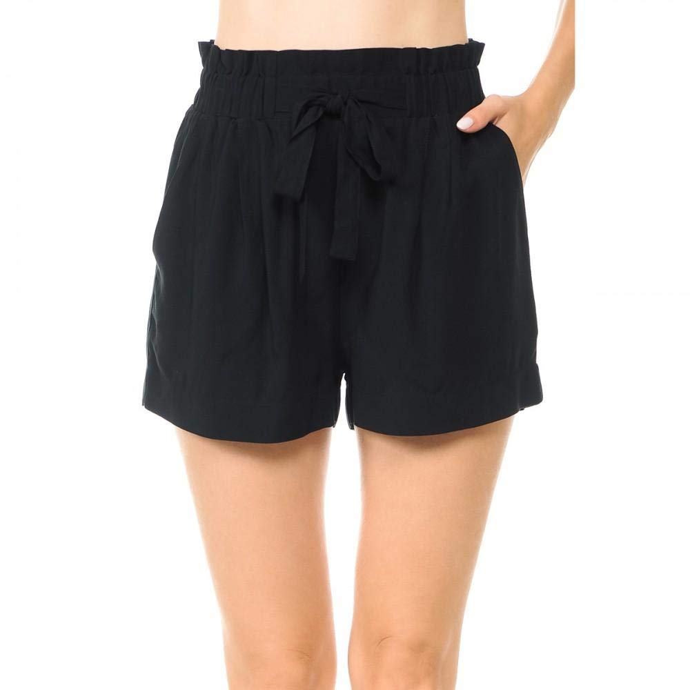 Khanomak Women's Tie-Front High Paperbag Waist Woven Pull-On Shorts